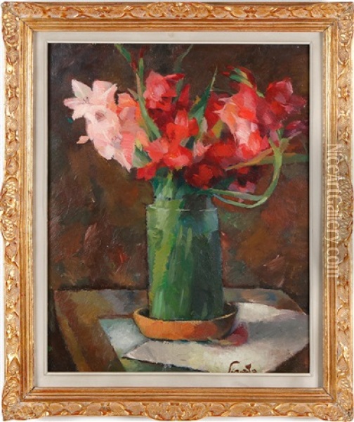 Still Life With Flower Bouquet In A Green Vase Oil Painting - Francisc Sirato