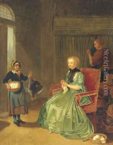 A lady seated in an interior, with a maidservant and a girl holding a chicken and basket of eggs Oil Painting - Tibout Regters