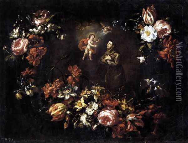 Garland of Flowers with St Anthony of Padua 1689 Oil Painting - Bartolome Perez