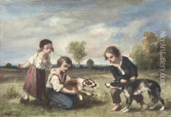 Jeunes Enfants Agacant Des Chiens Oil Painting - Narcisse-Virgile D Az De La Pena