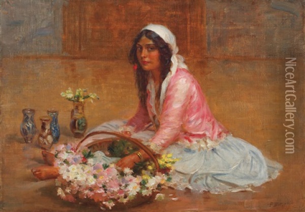 The Beautiful Flower Girl Oil Painting - Pierre Bellet