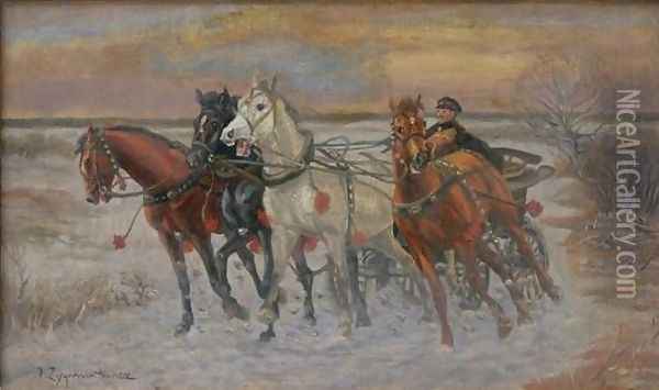 Four Horses Ride Oil Painting - John False