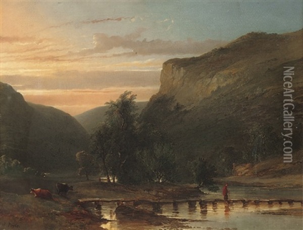 A Figure On A Foot Bridge Crossing A Gorge Oil Painting - James Poole