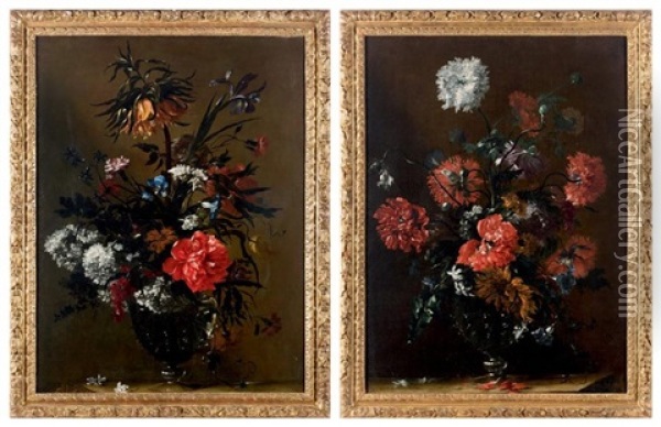 Fleurs Dans Un Vase En Verre Facon De Venise, Sur Un Entablement (pair) Oil Painting - Nicolas Baudesson