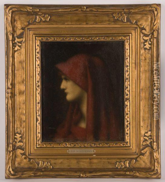 Portrait Of A Woman In Profile Wearing Red Drapery Oil Painting - Jean-Jacques Henner