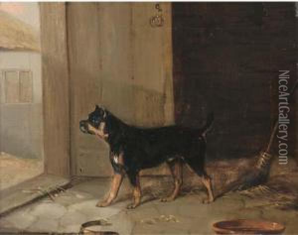 A Bullterrier Hearing A Visitor Oil Painting - Edmund Bristow
