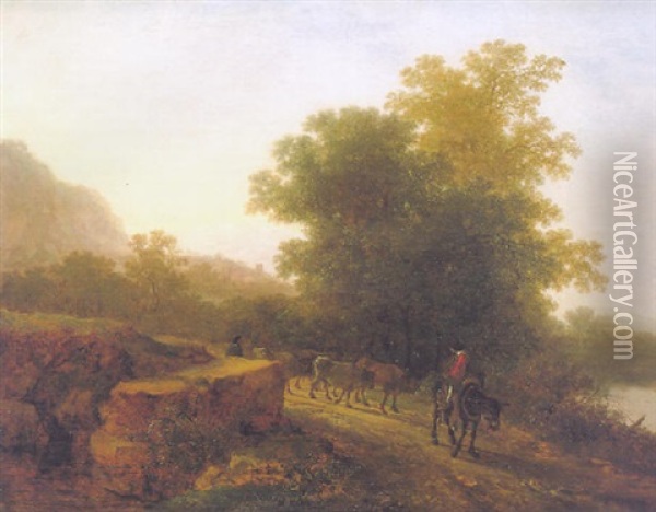 An Italianate Landscape With Herdsmen And Cattle On A Path Oil Painting - Jan Dirksz. Both