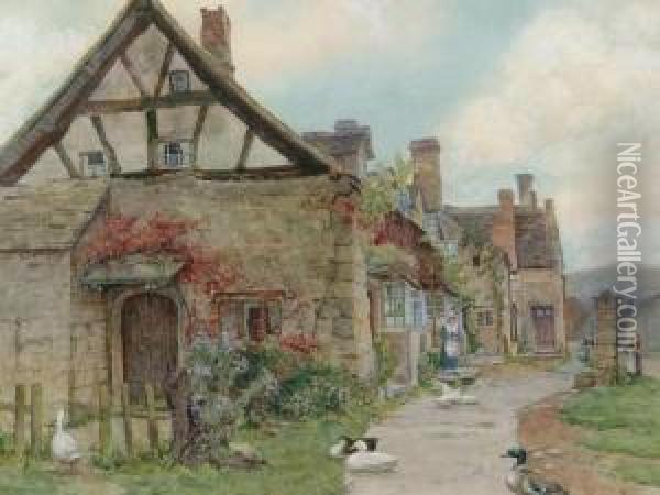 Thought To Be The Olddairy, Bourton-on-the-water Oil Painting - Cuthbert Rigby
