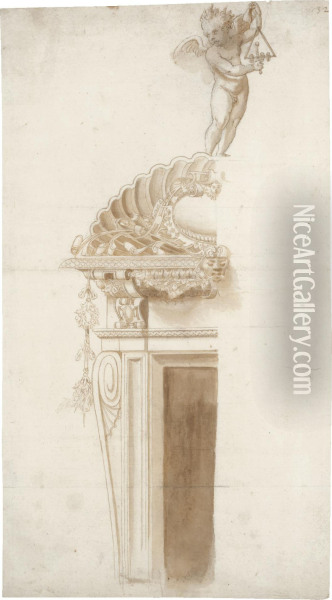 An Ornamental Design For A Doorway With A Putto Playing A Triangle Oil Painting - Ippolito Andreasi