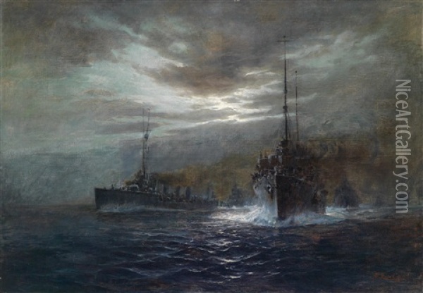 Nachtliches Konvoi, K. U. K. Flotte Im Mondschein (kreuzer Der Admiral Spaun Klasse?) Oil Painting - August von Ramberg