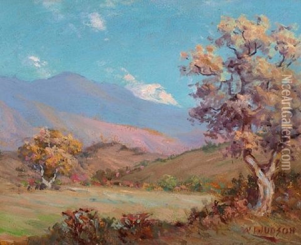 Fall Trees And Blue Mountains (san Simeon Creek?) Oil Painting - William Lee Judson