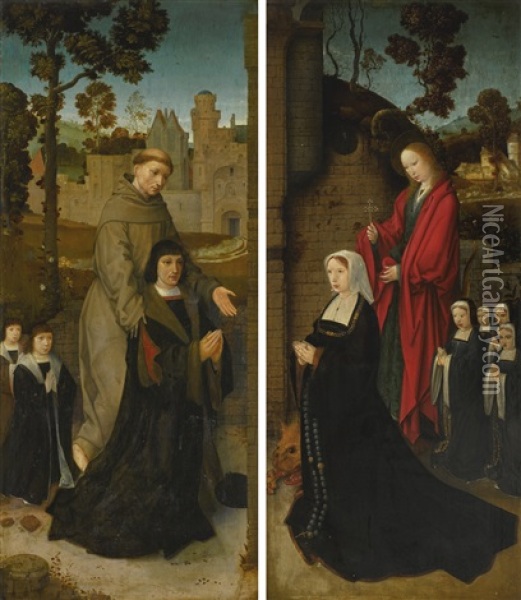 Two Double-sided Wings Of A Triptych Left Panel: Saint Francis With A Male Donor And Two Sons (verso); The Angel Of The Annunication En Grisaille (recto); Right Panel: Saint Margaret Of Antioch With A Female Donor And Four Daughters (verso); The Virgin An Oil Painting - Jan Provoost