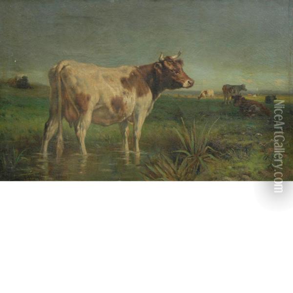 Cows In A Landscape Oil Painting - Robert Atkinson Fox