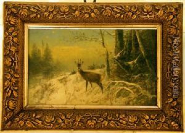 Ein Rehbock Im Verschneiten Winterwald Oil Painting - Otto Scheuerer