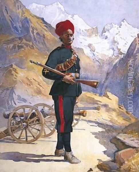 Gunner of the Mountain Battery Punjabi Musalman Oil Painting - Alfred Crowdy Lovett