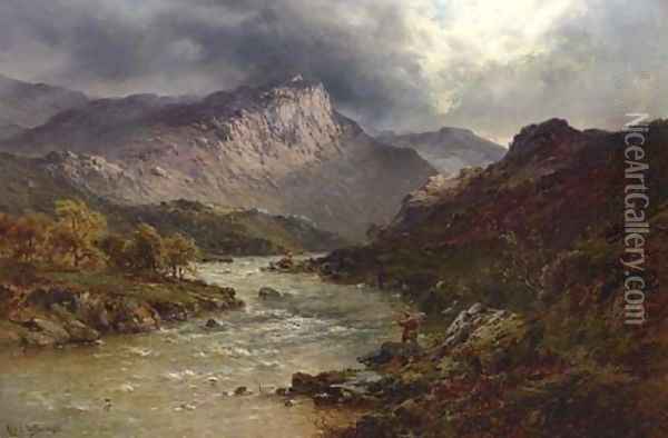A Salmon-Trout Stream, Cader Idris, North Wales Oil Painting - Alfred de Breanski