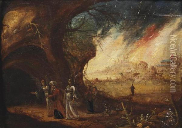Lot And His Daughters Fleeing Sodom Oil Painting - Rombout Van Troyen
