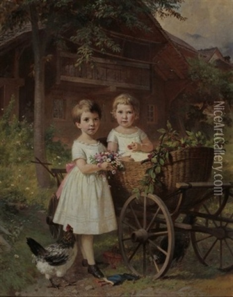 Portrait Von Zwei Kleinen Madchen Beim Sonntagsausflug Auf Dem Land Oil Painting - Johann-Joseph Geisser