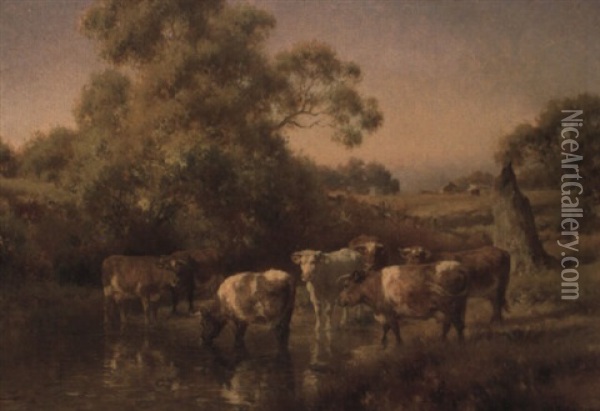 Australian Landscape With Cattle Watering Oil Painting - Jan Hendrik Scheltema