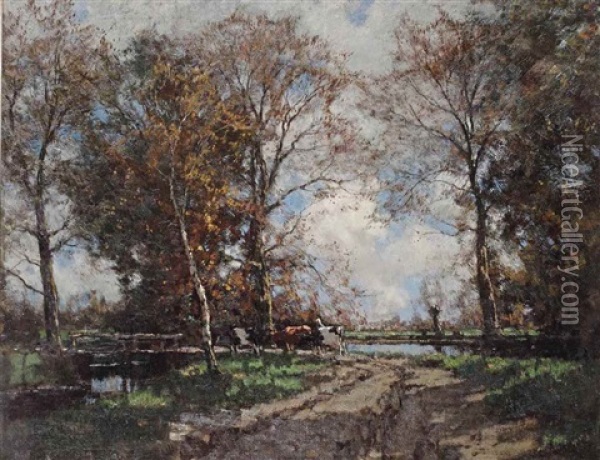 Cows Along A Path Near The Vordense Beek Oil Painting - Arnold Marc Gorter