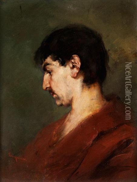Kopfbildnis Eines Jungen Mannes Mitschwarzen Haaren Und Rotem Mantel Oil Painting - Anton Laupheimer