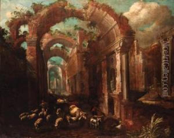 A Capriccio Of A Ruined Classical Arcade Oil Painting - Paolo Fiammingo