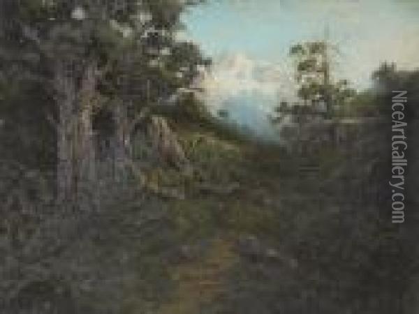 A Wooded Landscape With Snow-covered Mountains In The Distance Oil Painting - William Keith