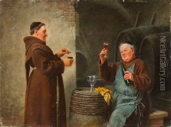 Zechende Monche In Einem Weinkeller Oil Painting - Anton Kraus