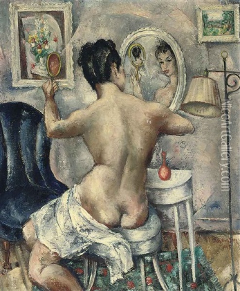 Nude Seated In Her Boudoir Oil Painting - Abraham S. Baylinson
