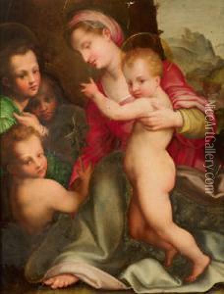 O Madonna Con Bambino E San Giovannino E Due Fanciulli Sullo Sfondo Oil Painting - Domenico Puligo