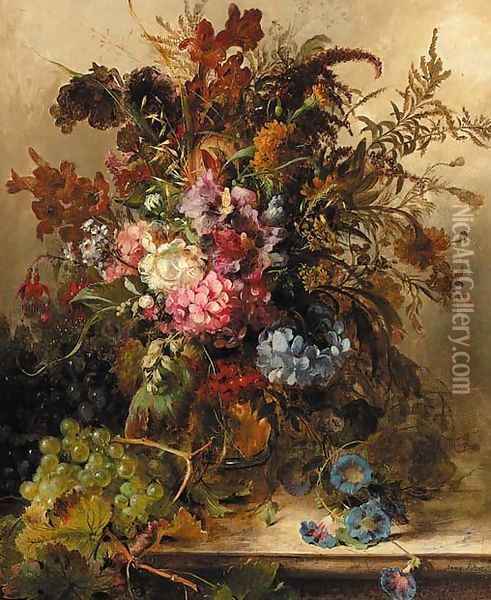 A field bouqet with hydrangea, fuchsia and other flowers Oil Painting - Anna Peters