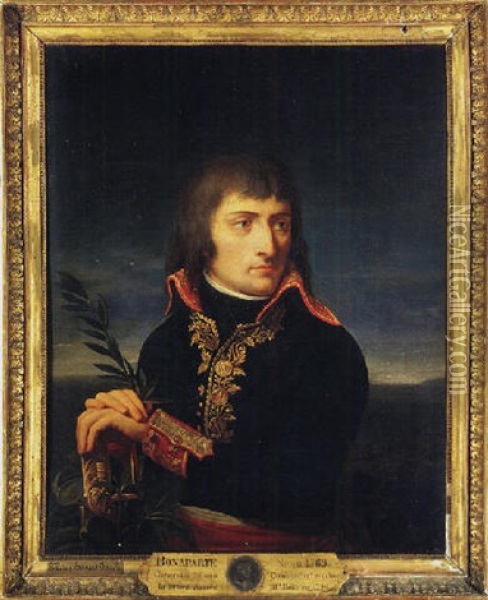 Portrait Of Napoleon Bonaparte, His Hands Resting On The Hilt Of A Sword, Before A Landscape Oil Painting - Andrea Appiani