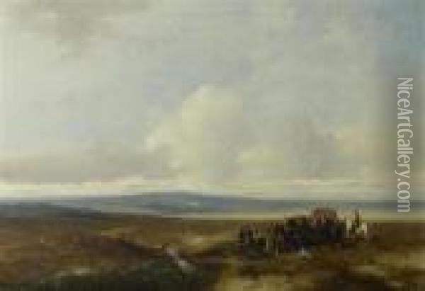 Weite Landschaft Mit Pferdekutsche Und Reitern. Oil Painting - Johannes Franciscus Hoppenbrouwers