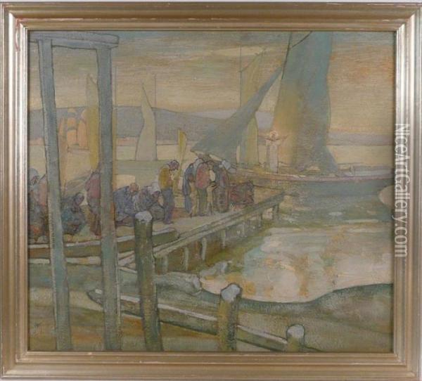 Mystical Wharf Scene With Worshipers Oil Painting - Richard Emile Miller