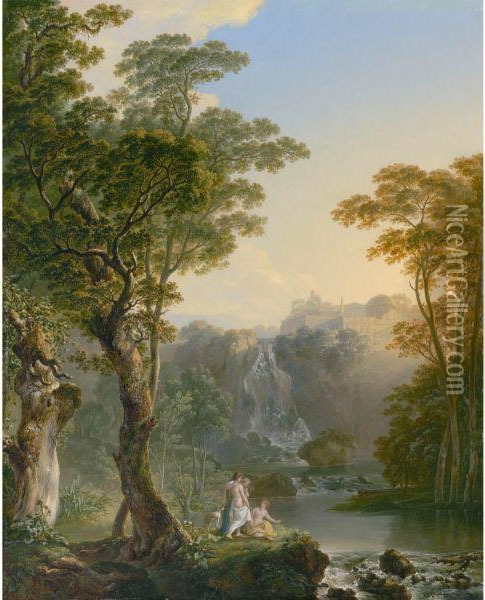 Idealistic Landscape With Bathers Oil Painting - Heinrich Rieter