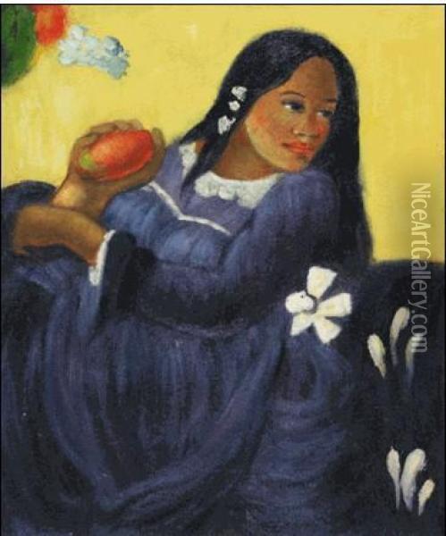 Woman With A Mango Oil Painting - T. Gauguin