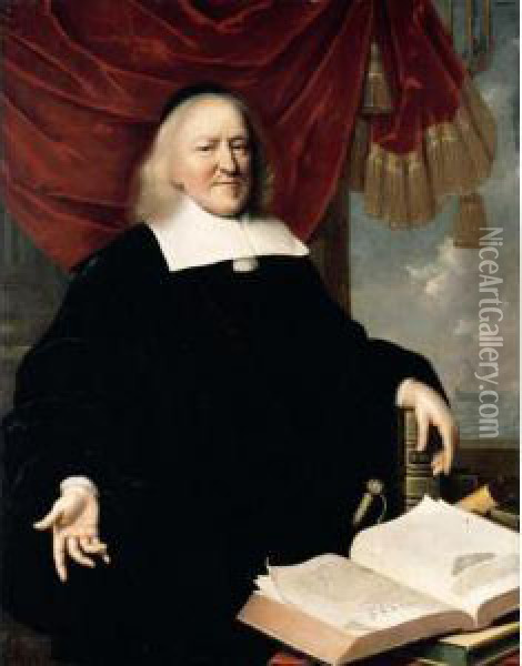 Portrait Of Hendrik Thibaut, 
Three-quarter Length Seated Before A Red Curtain Wearing Black, With His
 Left Hand Resting On A Copy Of The Bible And On A Table In Front Of Him
 An Open Copy Of ' Oil Painting - Pieter Nason