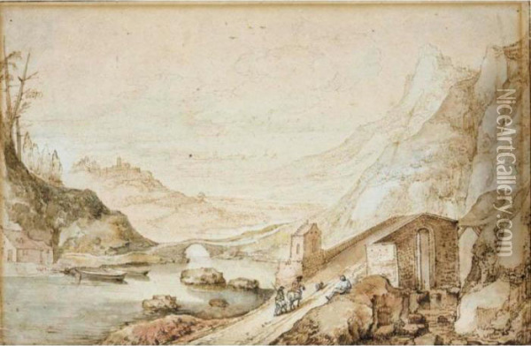 Mountainous River Landscape With Travellers Approaching A Bridge Oil Painting - Joos De Momper