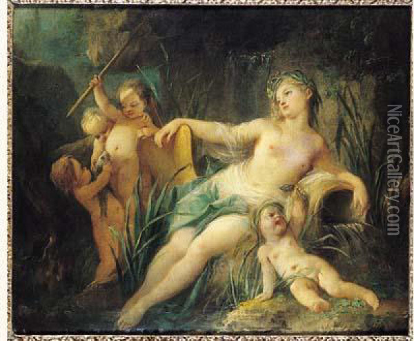 Une Nymphe Au Bain Avec Cupidon Oil Painting - Pierre Jacques Bethon