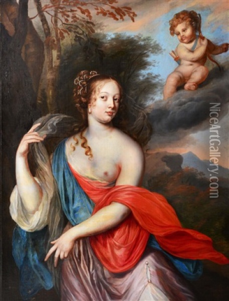 Portrait Of A Classical Maiden With Cupid In A Landscape Setting Oil Painting - Pieter Harmensz. Verelst