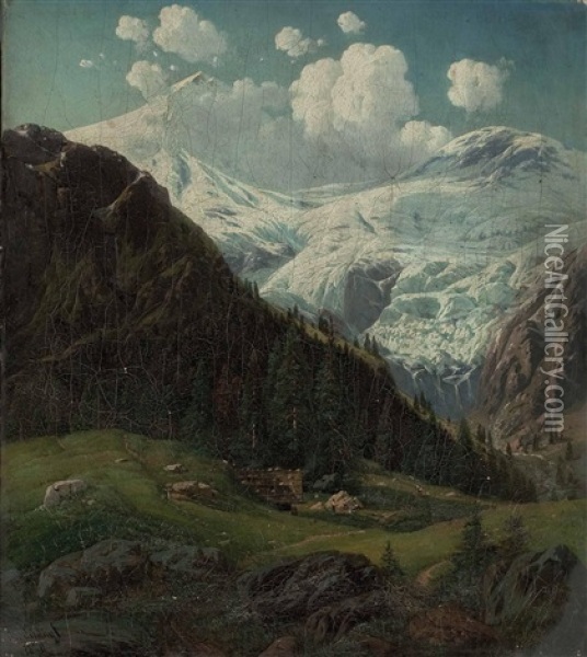 Tiroler Hochalm Mit Blick Auf Den Hintertuxer Gletscher Oil Painting - Josef von Schloegl