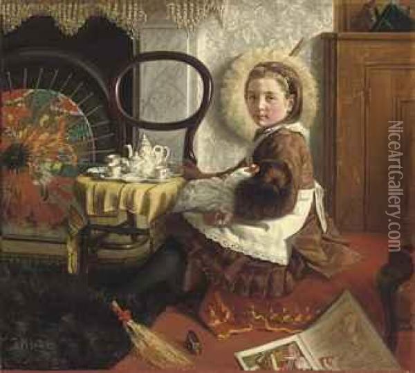 Portrait Of Elsie Esther Cornish, Aged 7, Seated At A Table Withher Doll And Tea Set Oil Painting - John St. Helier Lander