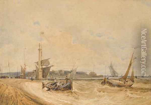 Fishermen in a small boat near the shore, perhaps at Calais, sailing boats in the background Oil Painting - Francesco Francia