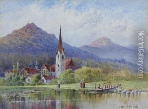 'fluellen On Lake Lucerne'; 'on The Aire At Cottingley' Oil Painting - John Sowden