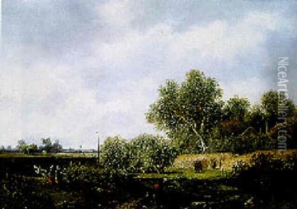 A Summer Landscape With A Cornfield Oil Painting - Pieter Lodewijk Francisco Kluyver