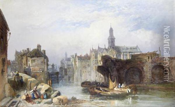 Continental Town Scenes By A River, A Pair Oil Painting - James Vivien de Fleury