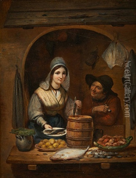 La Marchande De Poissons Courtisee Oil Painting - Jean Baptiste Van Eycken