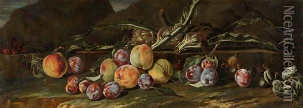 Still Life In A Landscape With Peaches, Plums And Artichokes. Oil Painting - Aniello Ascione