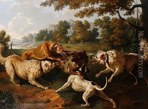 A Pack Of Dogs Attacking A Wolf Oil Painting - Jean-Baptiste Oudry