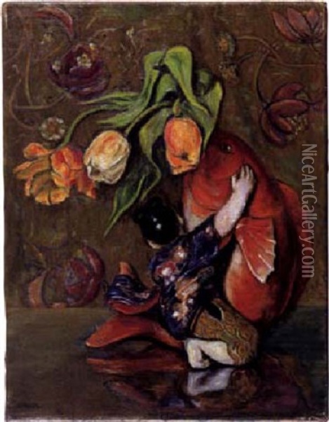Blumenstilleben Mit Japanischer Vase Oil Painting - Emil Orlik